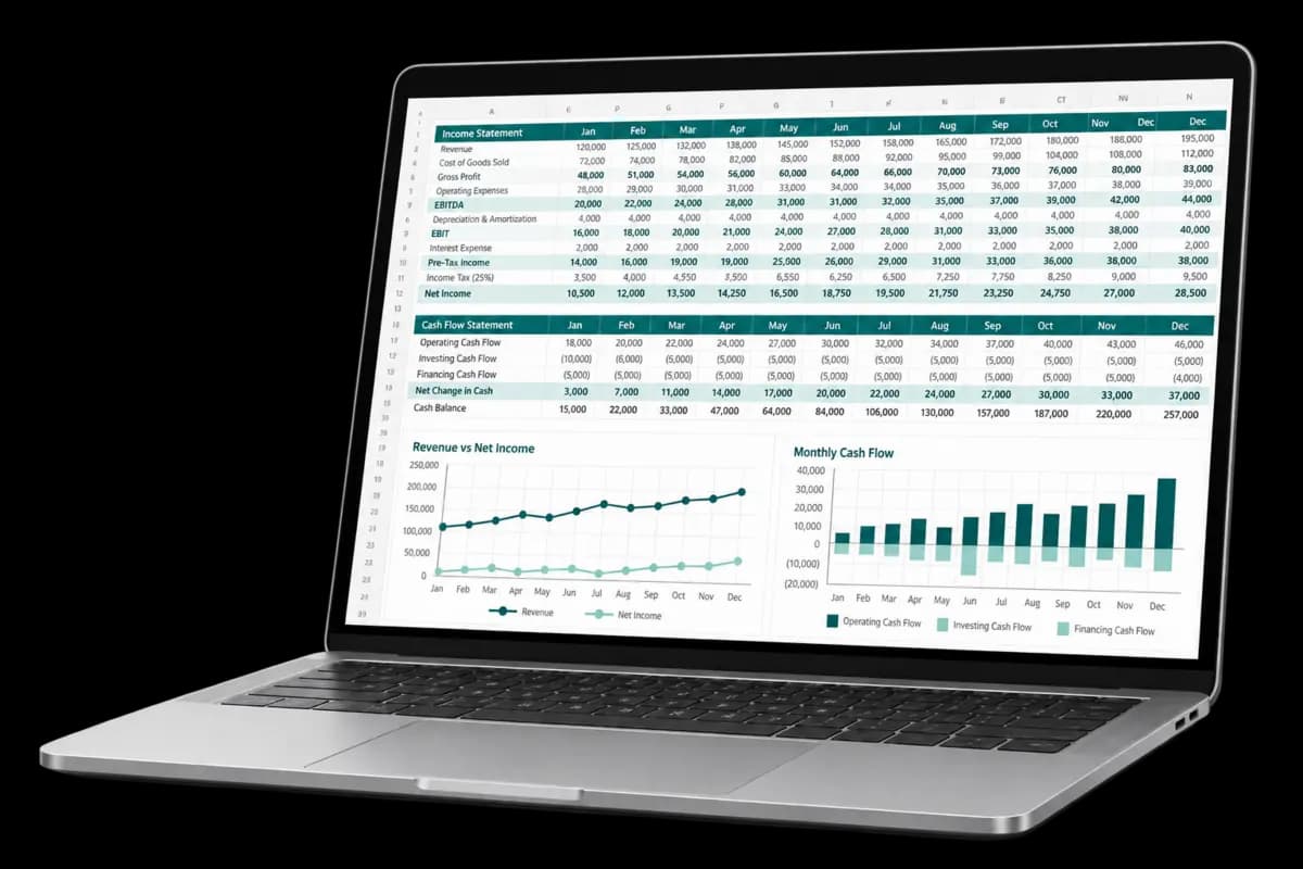 Laptop displaying a financial model with linked statements and forecast charts