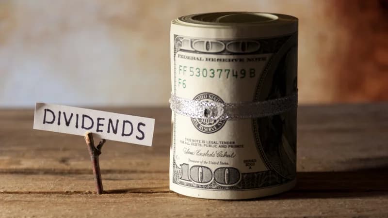 Dividend sign beside a rolled banknote, illustrating shareholder distributions