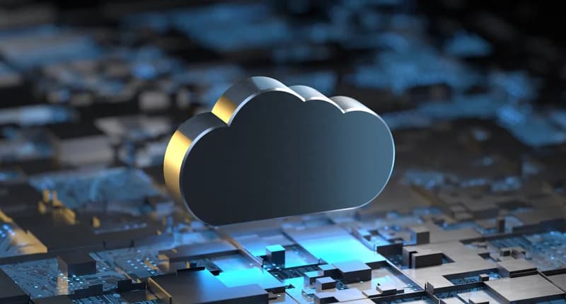 Cloud symbol above a circuit-like network, illustrating subscription software